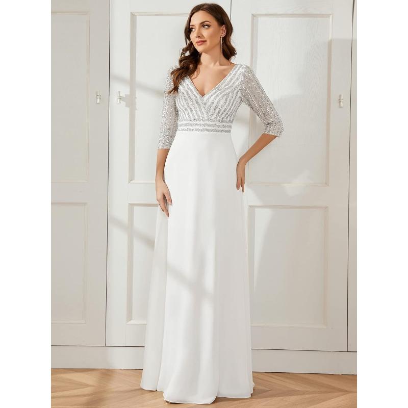Abito da sera da donna in chiffon con scollo a V profondo, manica lunga, linea ad A, patchwork di paillettes