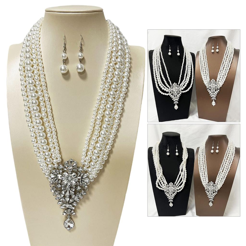 Sparkling Multi Layer Faux Pearls Necklace And Earrings Set With Crystal Accent For Evening Party Elegant Jewelry Gift