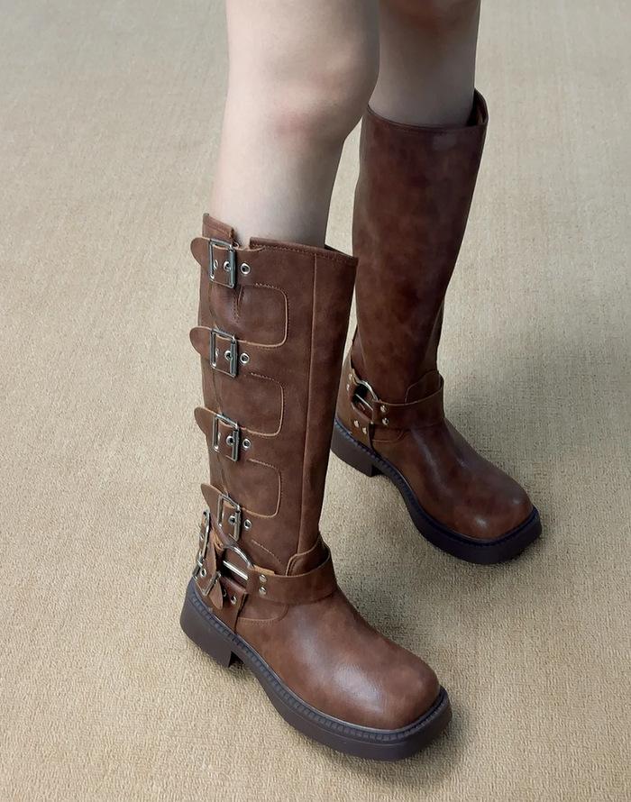 

New knight boots but knee American western cowboy rad platform spring and autumn boots women s knee thick legs tall tube brown 40