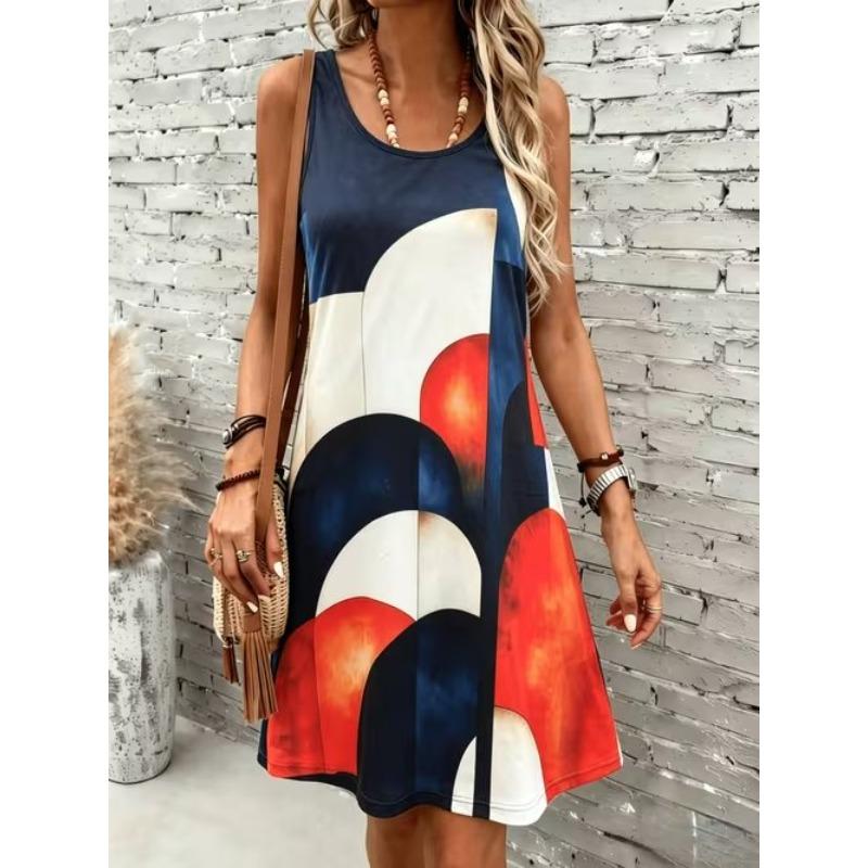 Abito da donna senza maniche con scollo rotondo e stampa a motivi geometrici, morbido, comodo e di taglia comoda