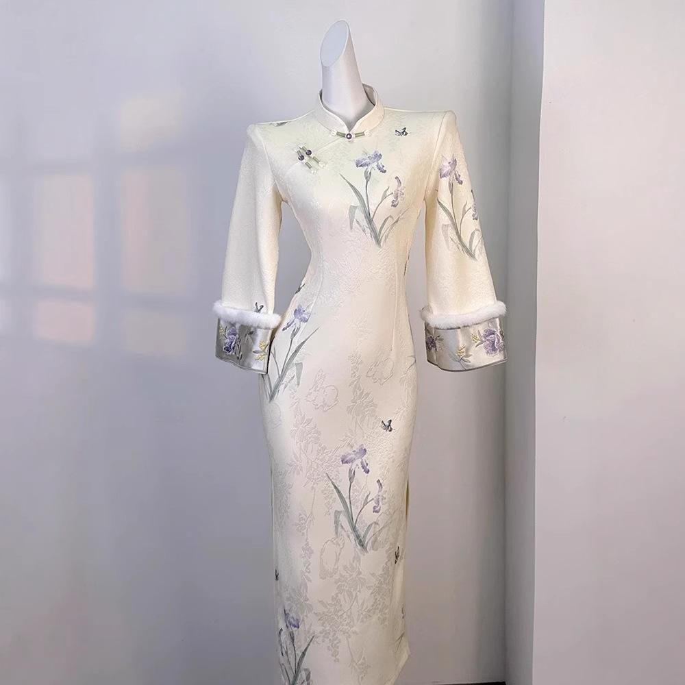 Vintage Republik China Stil Pelzgefüttertes Cheongsam Kleid für Herbst/Winter