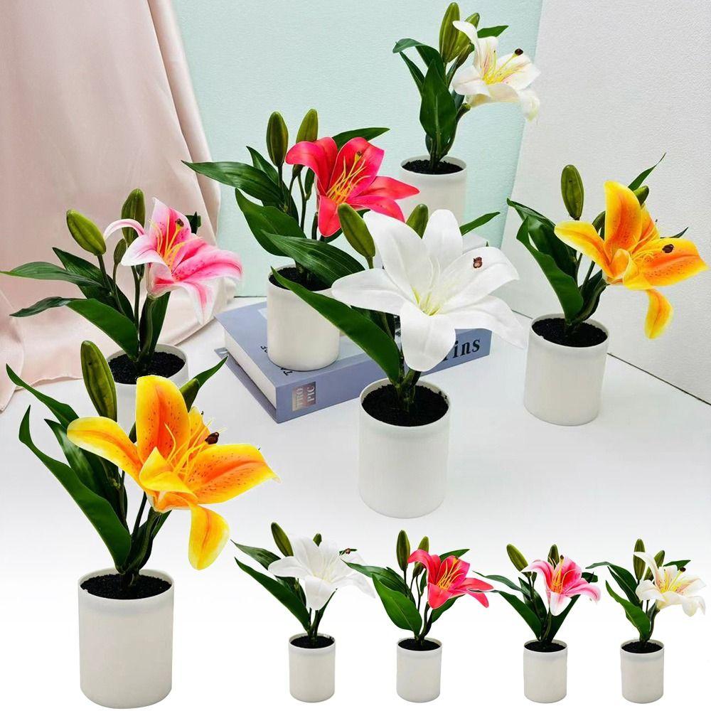 Lifelike Multicolor Lilies Artificial Flower Potted Photo Props Elegant Faux Bonsai Plastic Fake Flower Party Supplies