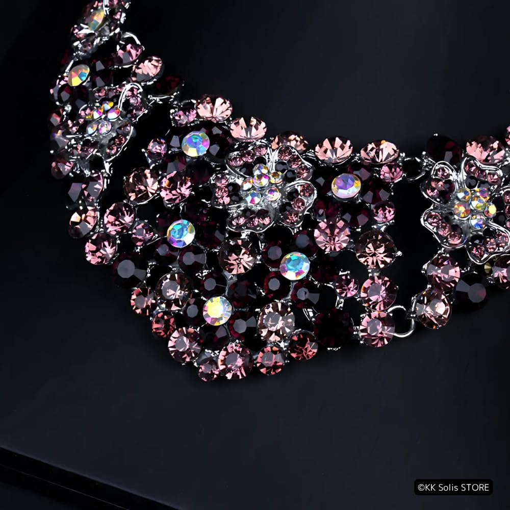 [KK Solis] Flower Luxury Rhinestone Necklace & EarringsClip-on Earrings Set  Bridal, Stage, Concert, Dance Accessories, Ballroom Dance, Belly Dance,
