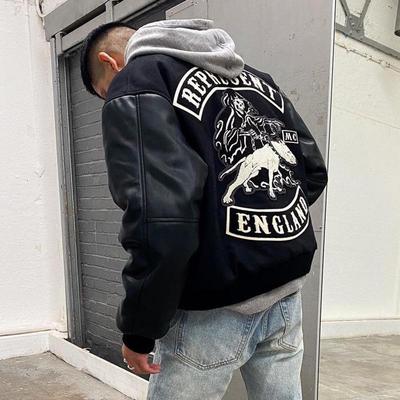Angel Icon Embroidered Patchwork Leather Sleeve Baseball Jacket - Unisex American Trend for Autumn/Winter