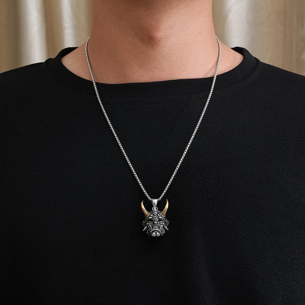 Dark Retro Prajna Mask Necklace Long Horn Big Ghost King Titanium Steel Pendant for Men and Women