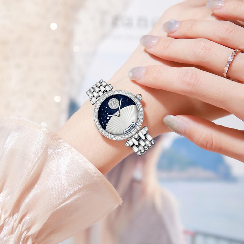 Luxury Fashion Blue Quartz Stone Face Quartz Wrist Watch for Women; Waterproof and Night Light Stellar Model
