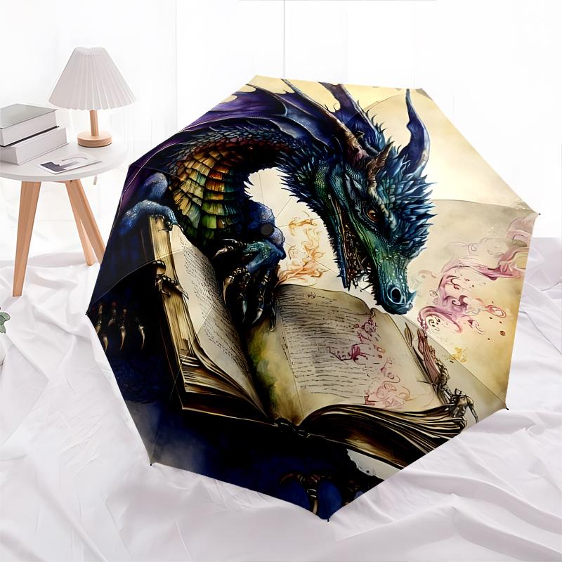 Dragon Book Theme Automatic Open/Close Umbrella, Portable 3 Fold Compact Umbrella for Men & Women, Valentine's Day Mother's Day Gift0725085