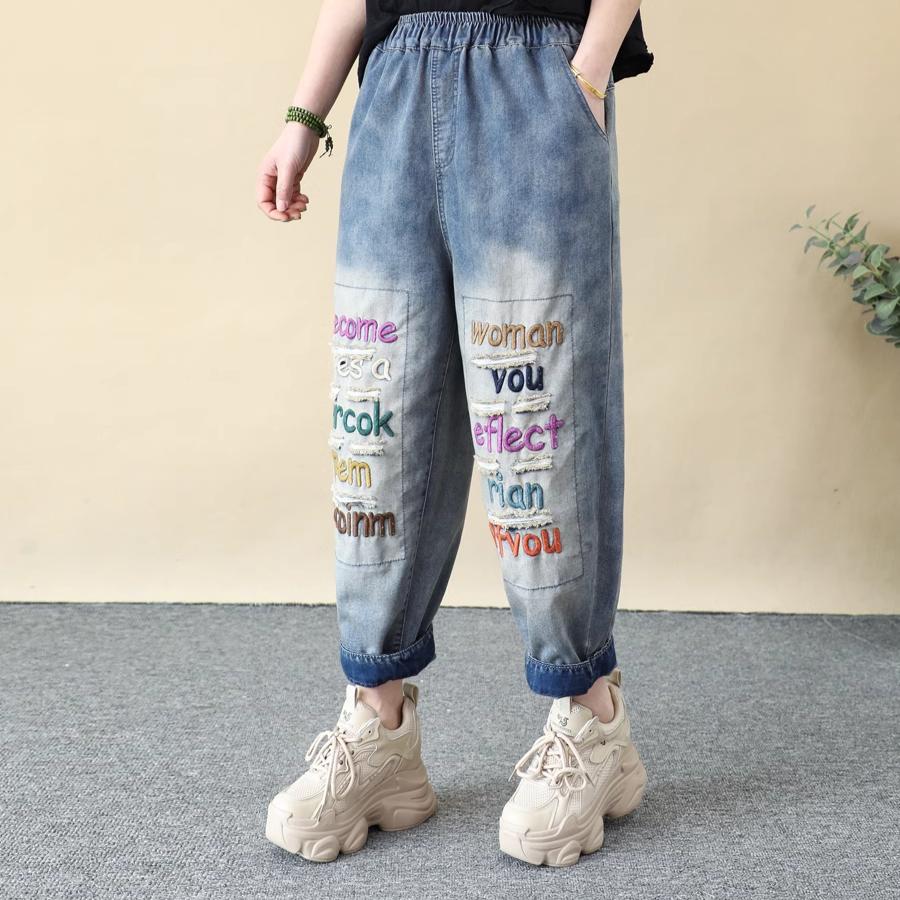 DIMANAF 2025 Nadměrná velikost Letní harémové dámské vyšívané džíny Ležérní s vysokým pasem Elastické Základní Jednobarevné Volné kalhoty