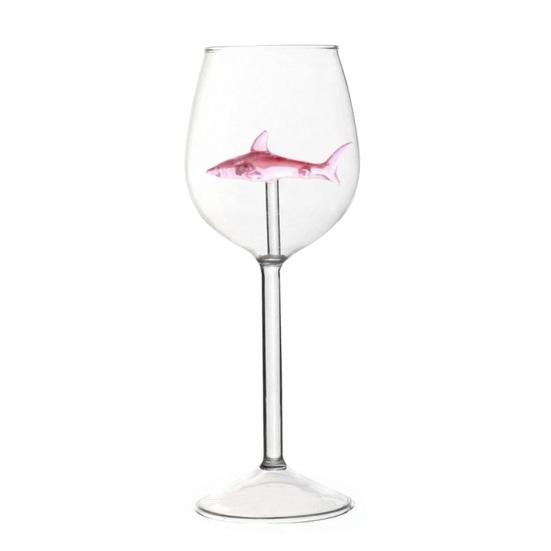 Zestaw Kieliszków do Wina Rekin Ręcznie Dmuchane Bezołowiowe Szkło Kielich z Rekinem 3D Wewnątrz 300ml Kreatywny Motyw Rekina Akcesoria Barowe Prezent dla Mężczyzn Kobiet Miłośników Rekinów