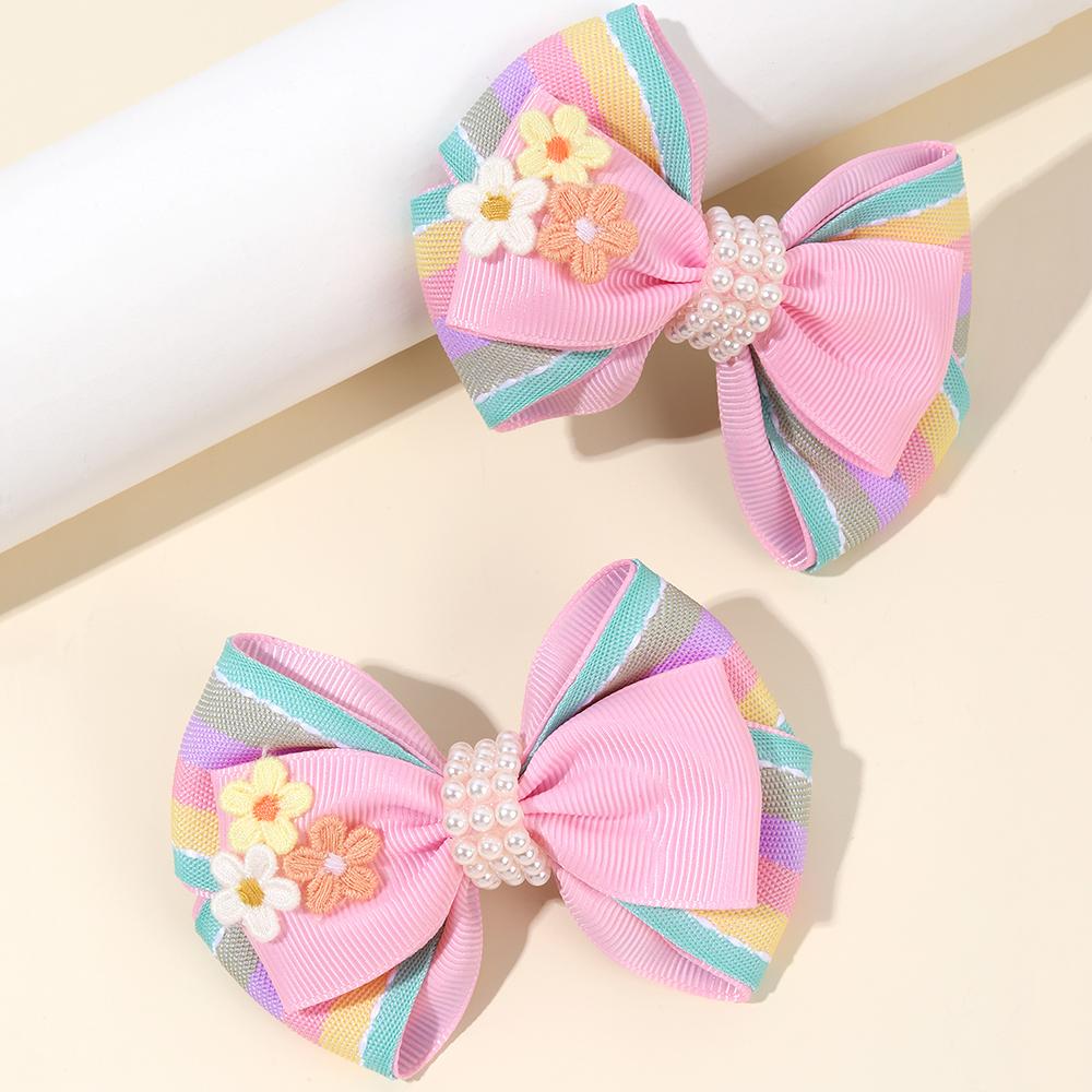 2pcs Cute Rainbow Pearl Little Flower Hair Clips for Girls , Alligator Clips with Thread Woven Ribbon Hair Accessories Headwear