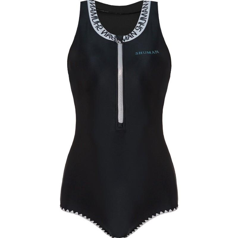 Black Front Zipper One-piece Triangular Swimsuit Women's Sleeveless Sports Style Racing Belly Cover Slimming Hot