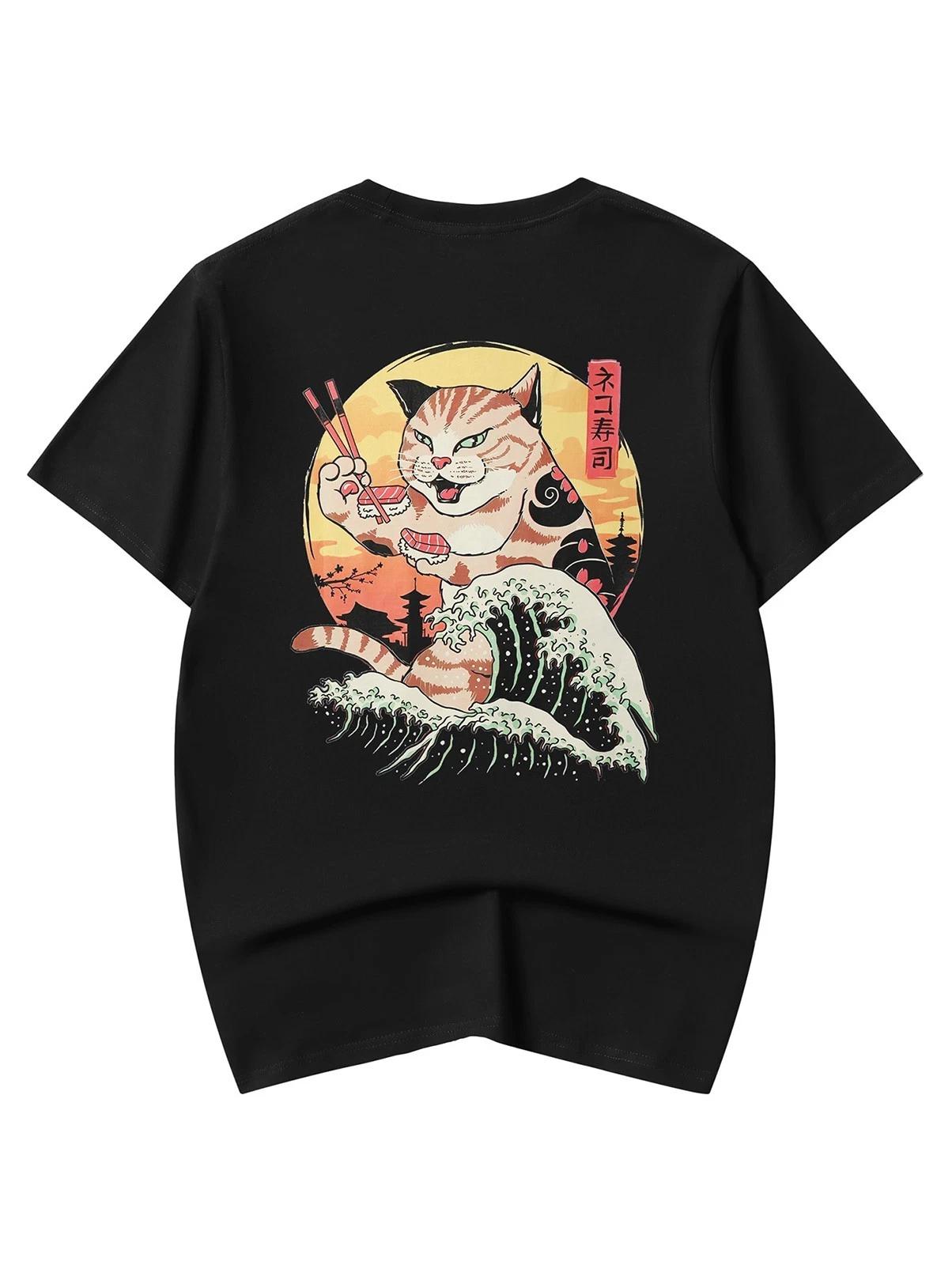 Niepce Men s Sushi Eating Cat Graphic Tee Japanese Streetwear Crewneck T-Shirt XL