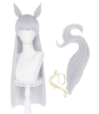 Perruque Cosplay style Gold Ship, Résistante à la chaleur, 80cm, pour déguisement, Inclut filet et peigne, Mélange de violet clair et argenté (Perruque, Oreilles et Queue)