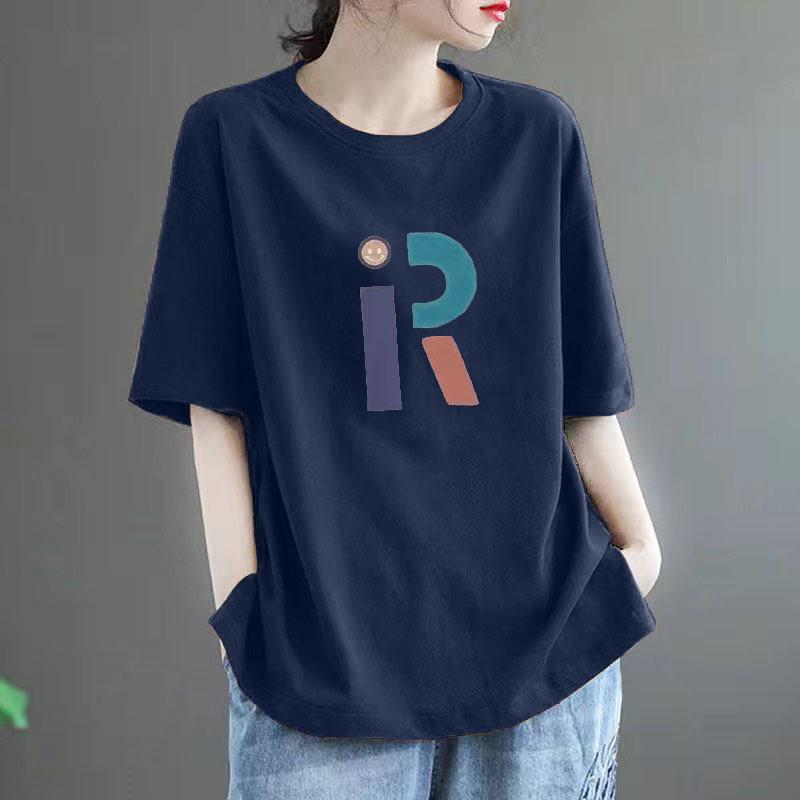 Women's High-End Pure Cotton Short-Sleeve T-Shirt, 100% Loose Fit, Slimming Versatile Round Neck Casual Top