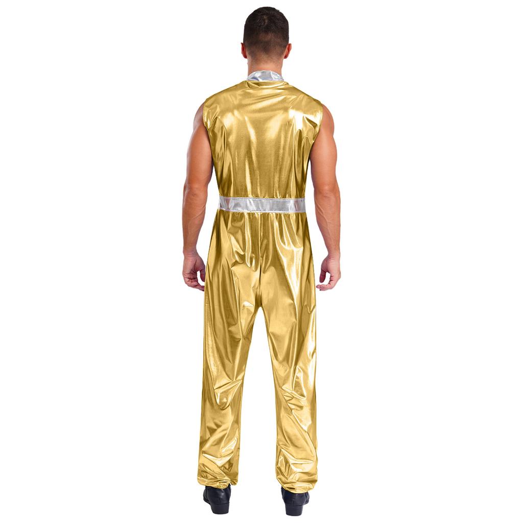 Herren glänzender metallischer ärmelloser Reißverschluss Ganzkörper-Jumpsuit Bodysuit