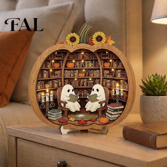 Whimsical Ghost Book Nook Halloween Wooden Tabletop Ornament, 2D Flat Cute Reading Bathing Fall Harvest Home Decoration Watering Plaque with Stand for