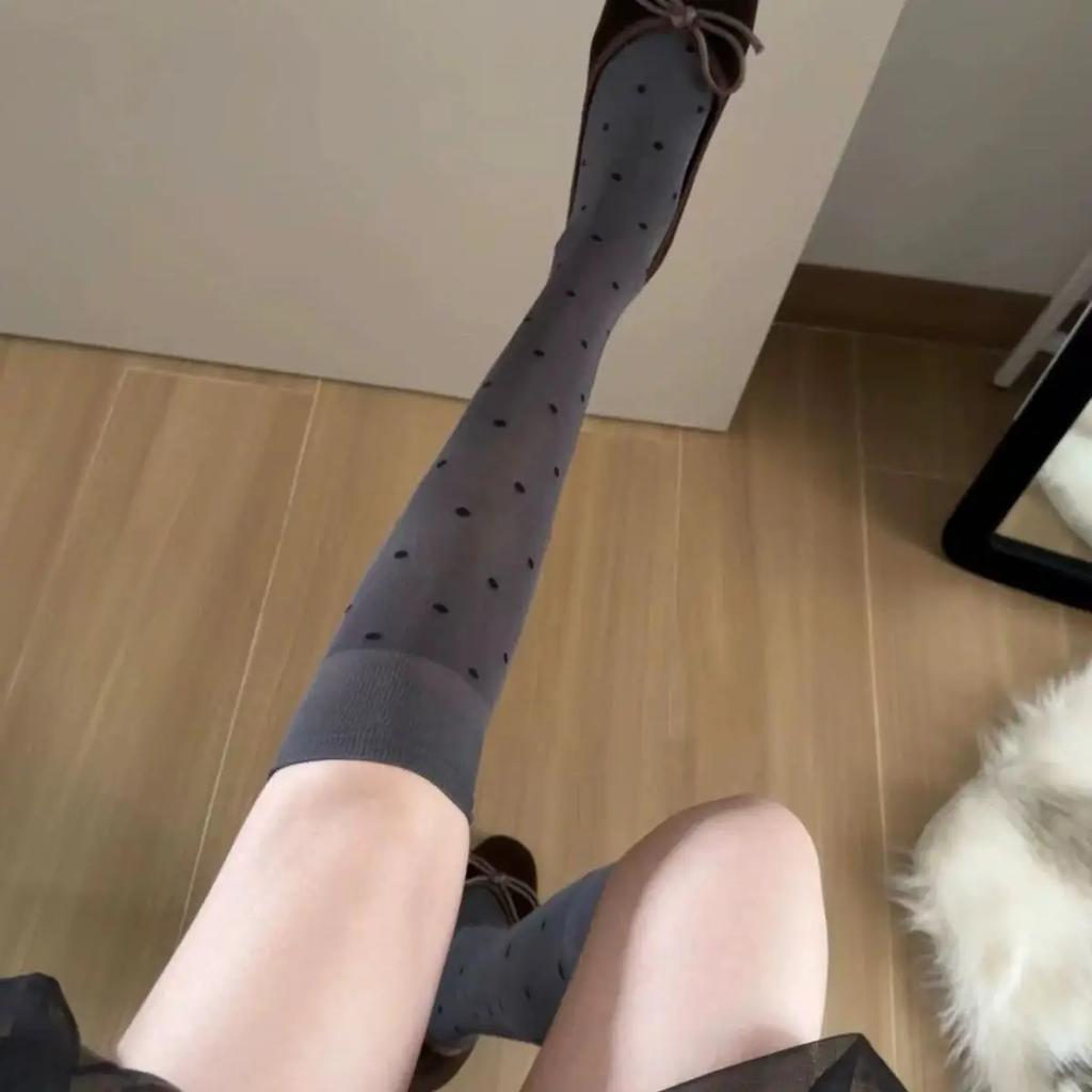 Korean White Polka Dot Knee High Socks JK High Tube Pile Sock Gray Small Round Dot High Tube Socks with Small Leather Shoes