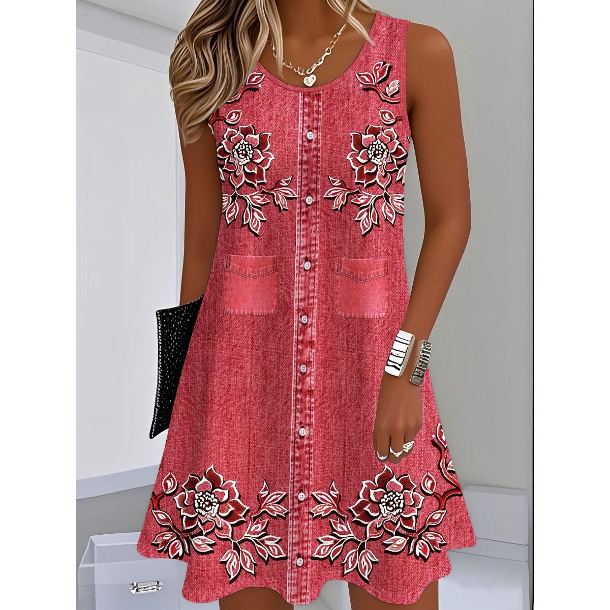 

Женская повседневная юбка с цветочным принтом под деним - Изготовлена из блестящей шелковистой ткани, летний наряд с круглым вырезом, приталенный стиль, легкий материал XXL красный