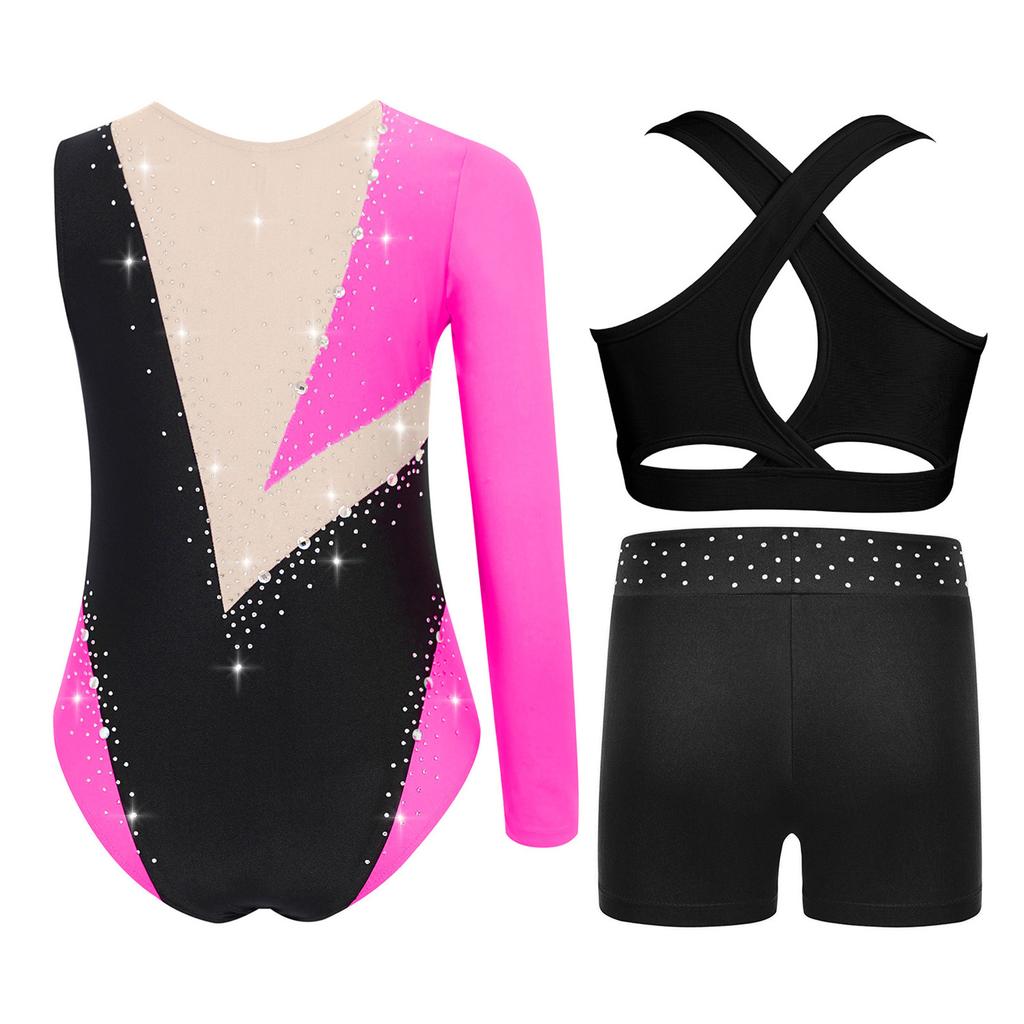 Girls Gymnastics Dance Outfit Shiny Rhinestones Color Block Asymmetrical Leotard Cross Back Keyhole Vest