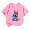Cute Cartoon Blue Alien Print Kids Unisex 100% Cotton T-shirt, Boys Girls Crew Neck Short Sleeve Casual Tees with Hibiscus Flower Pattern for Summer D
