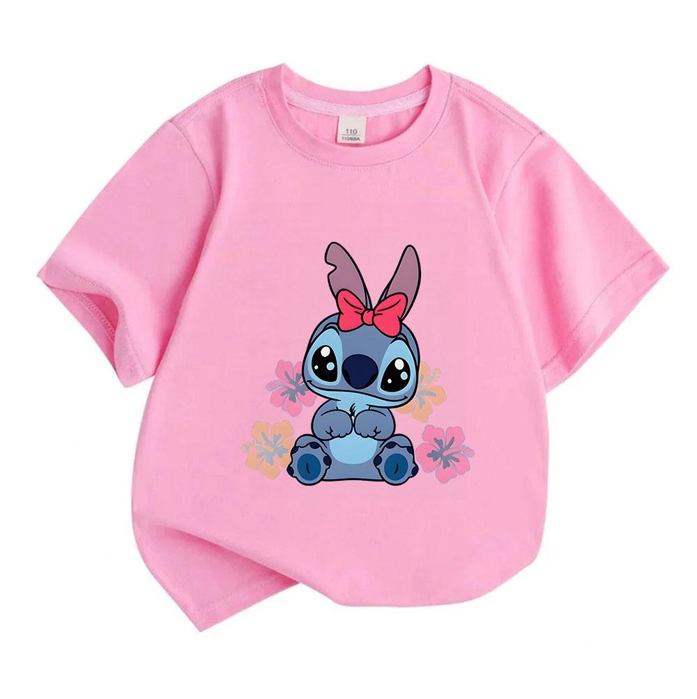 Cute Cartoon Blue Alien Print Kids Unisex 100% Cotton T-shirt, Boys Girls Crew Neck Short Sleeve Casual Tees with Hibiscus Flower Pattern for Summer D