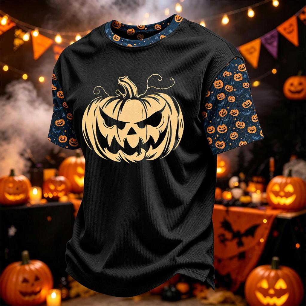 Herren Kord-Rundhals Leicht Atmungsaktiv Kurzarm Oberteil Halloween-Druck Kürbis Grafik Buchstaben oder Süßes Design Freizeithemd