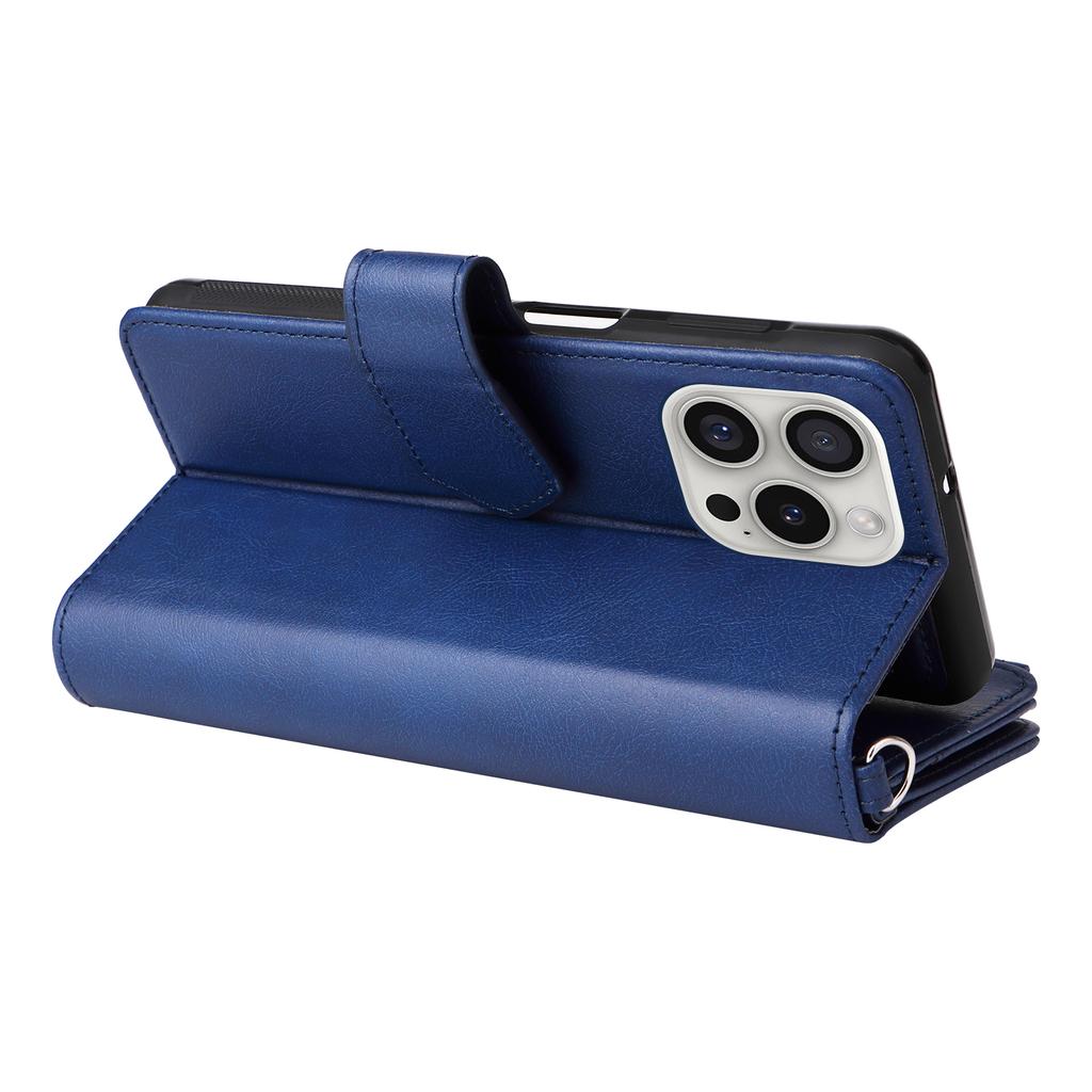For iPhone 16 Pro Magnetic Leather Case Mobile Cover with Detachable Zipper Wallet Strap