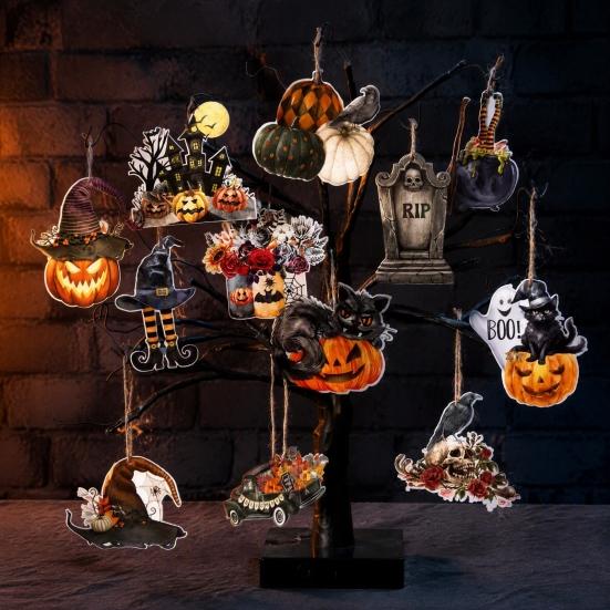 Scary Witch Hat Castle Wall Art 36Pcs Vintage Halloween Wooden Hanging Ornaments, Pumpkin Black Cat Ghost Tree Pendant Ornaments Crow Tags,