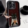 Elegant Black Cat Handheld Coffee Cup Striped Scarf Leopard Print Phone Case for iPhone 17 16 15 14 13 12 11 Pro Max Plus Cover