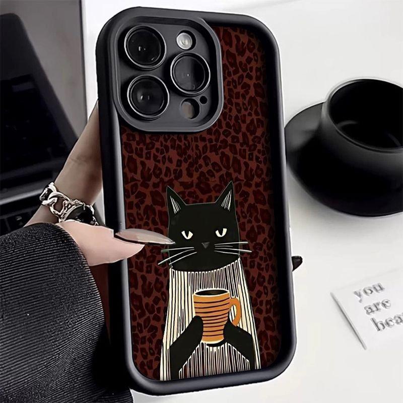 Elegant Black Cat Handheld Coffee Cup Striped Scarf Leopard Print Phone Case for iPhone 17 16 15 14 13 12 11 Pro Max Plus Cover