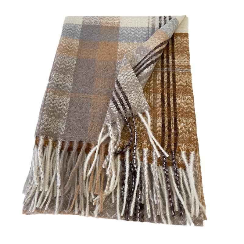 Women's High-End Plaid Tassel Shawl - Imitation Cashmere, Thickened & Warm for Autumn/Winter