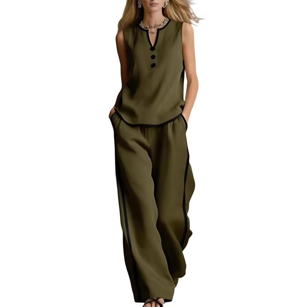 Women's Fashionable Casual Sleeveless V-Neck Top And Pants Two-Piece Set