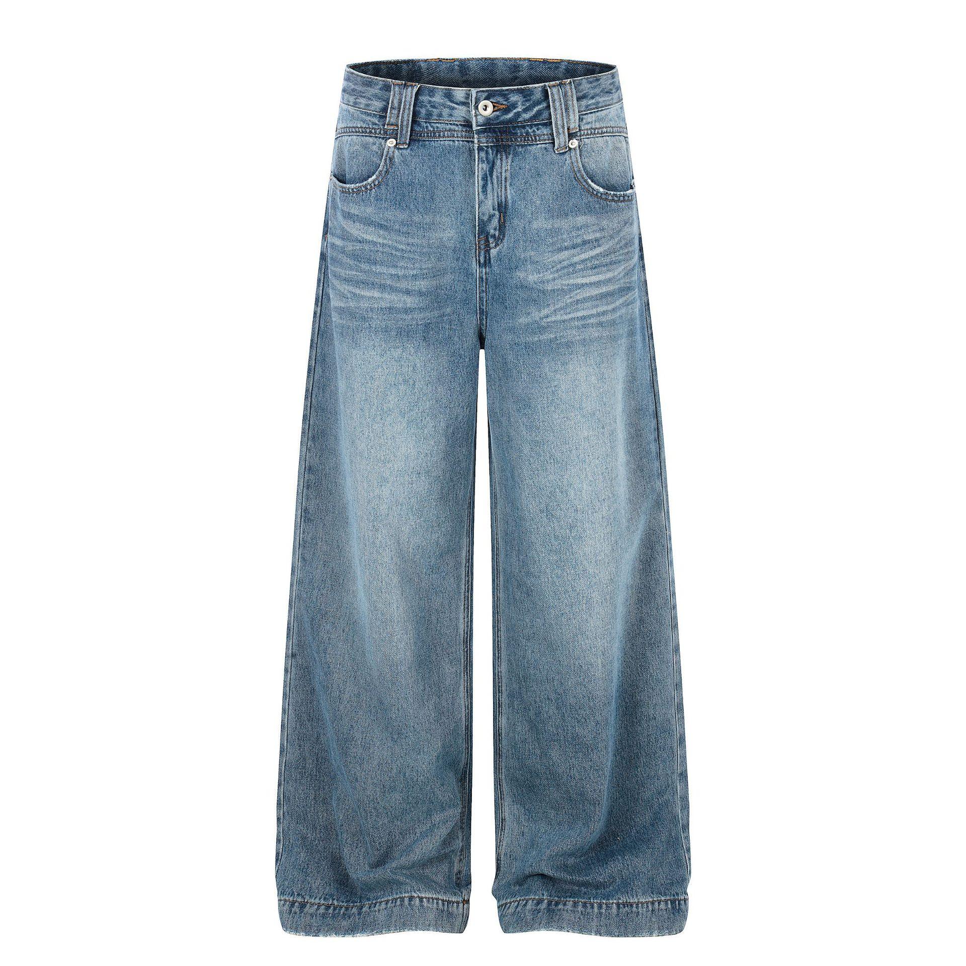 European, American, and American vintage washed jeans, straight-leg personalized cleanfit loose wide-leg pants for men S