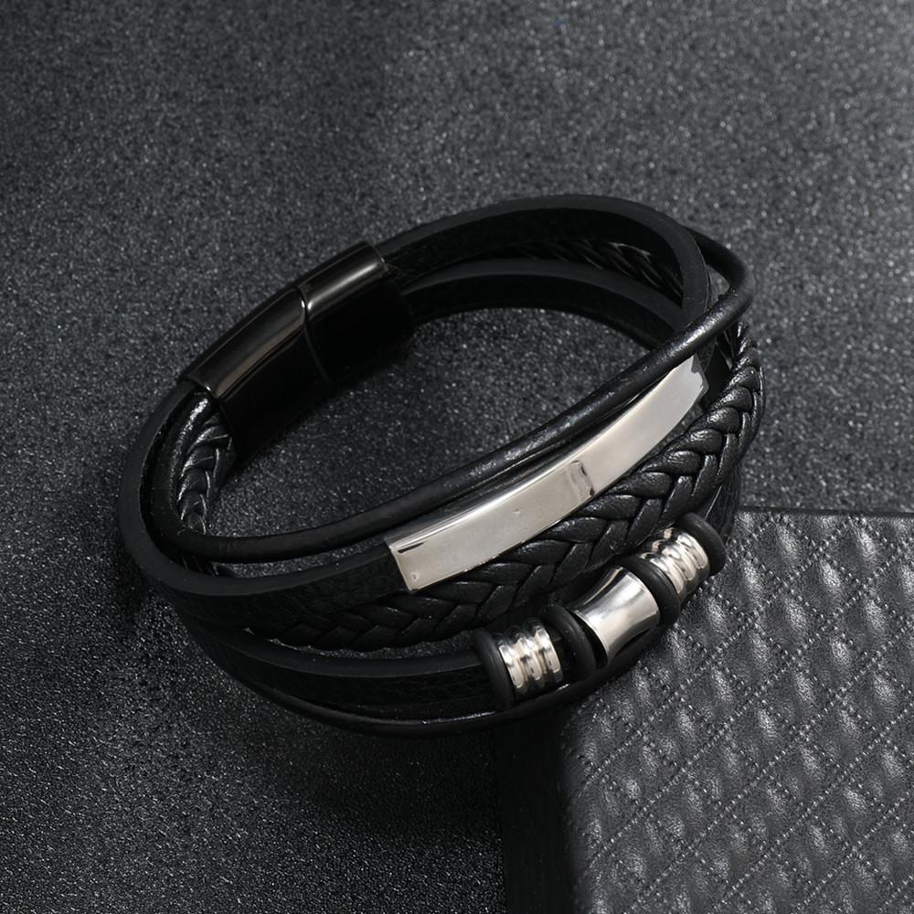 Herren Edelstahl Lederarmband Mehrschichtig Handgewebt Titanstahl Armband Armband