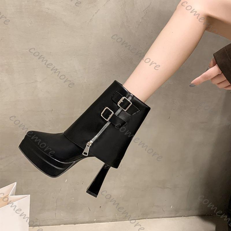 Fashion Comemore New Pointed Ultra-high Heel Boots for Women Belt Buckle Side Zipper Trouser Short Botines Thick Bottom Women's Shoes