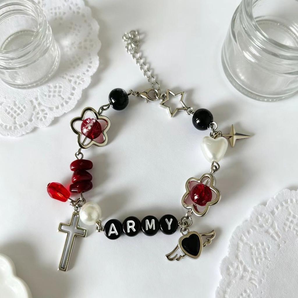 BTS Fan Merch ARMY Letter Beaded Bracelet, Black Red Star Cross Charm Wristband, Sweet Cool Concert Friendship Jewelry Gift