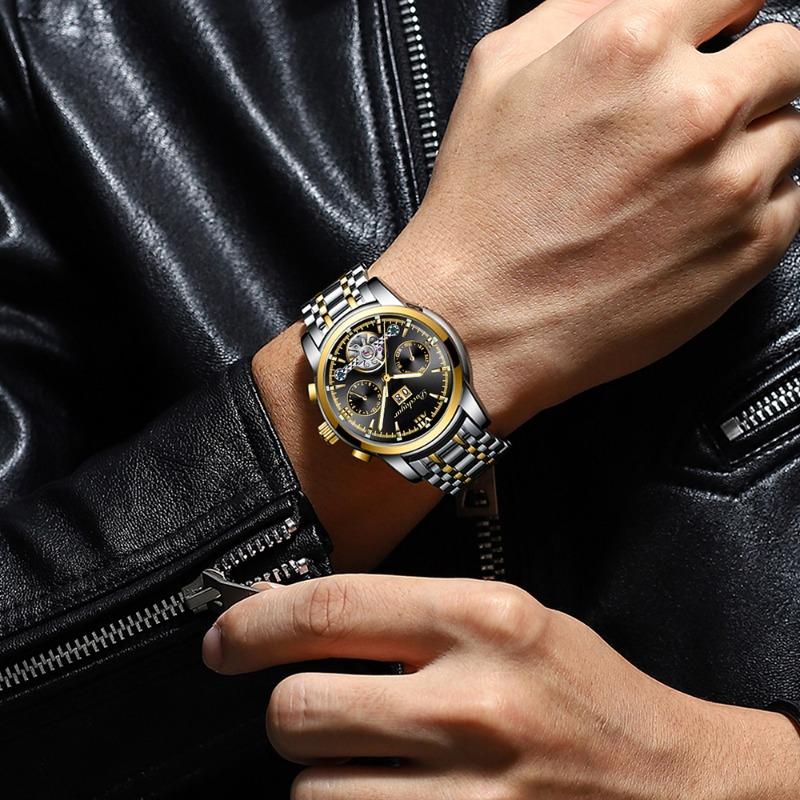 POEDAGAR Automatische mechanische Herrenarmbanduhr Hohl-Tourbillon Edelstahl-Uhr Wasserdicht Leuchtend Datum Uhren