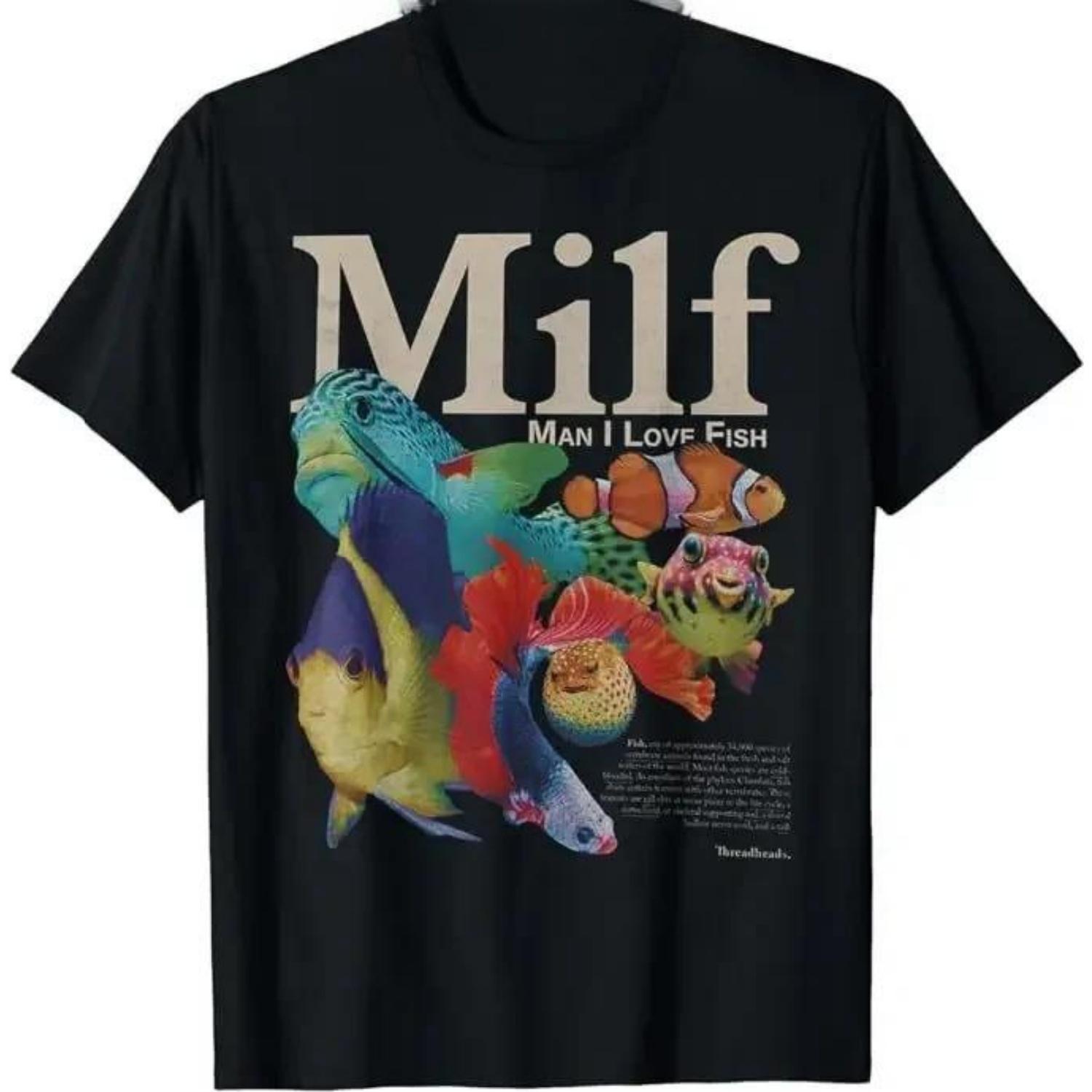 

Short Sleeved Round Neck Y2k Tshirt Men Clothing New In Top & Tees Mens T-Shirt MILF I Love Fish Fishing Lover Graphic 70374 S