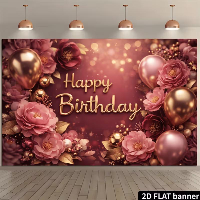 2D Floral Rose Gold Happy Birthday Backdrop Banner for Birthday Party Photography Decoration