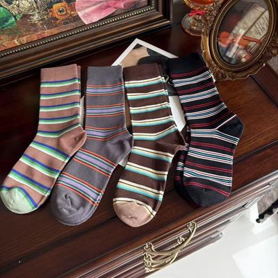Herbst Retro Bunte Gestreifte Socken für Damen, Kontrastfarbene Gestreifte Reine Baumwolle Wadenhohe Plüschsocken