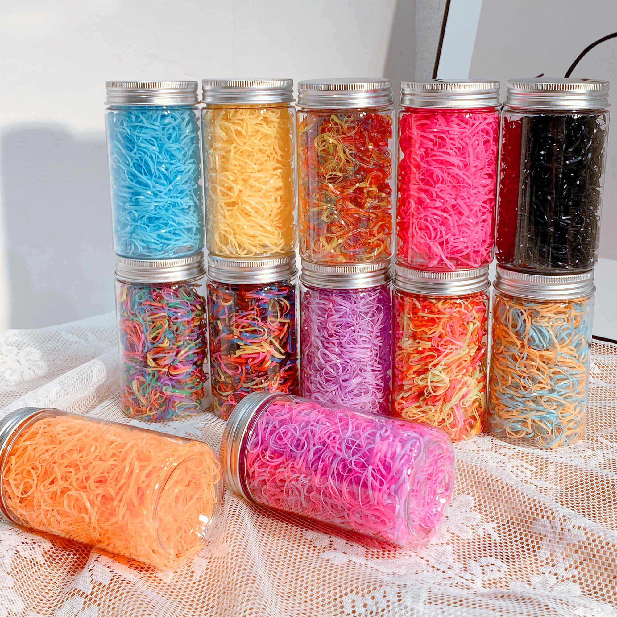 

1000PCS/Jar Cute Colorful Small Disposable HairBands Scrunchie Girls Elastic Rubber Band Fashion Hair Accessories Hair Ties