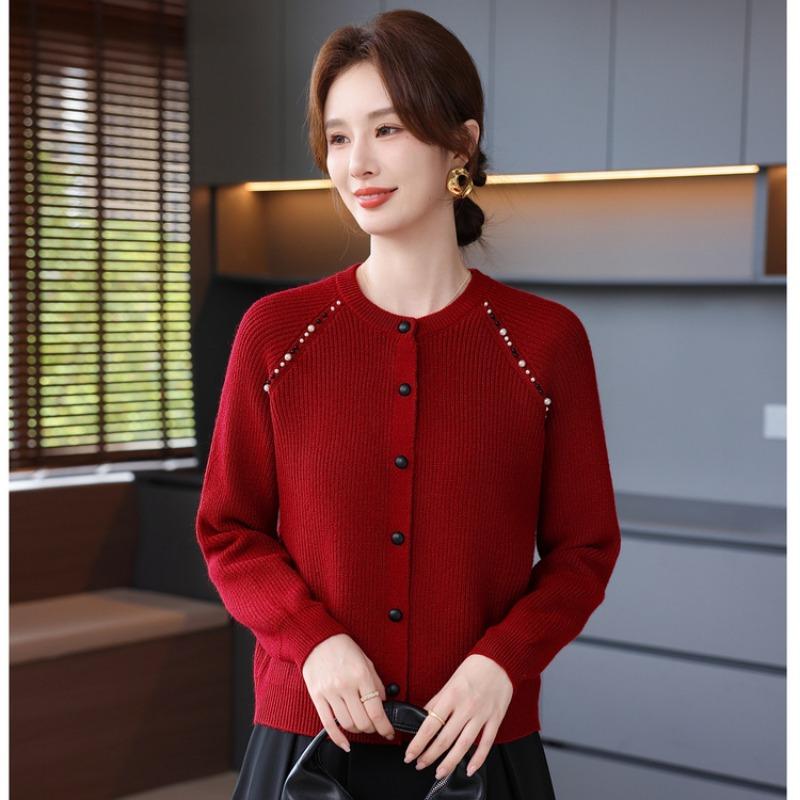 Autumn new sweater casual versatile fresh round neck beaded top women's knitted cardigan jacket
