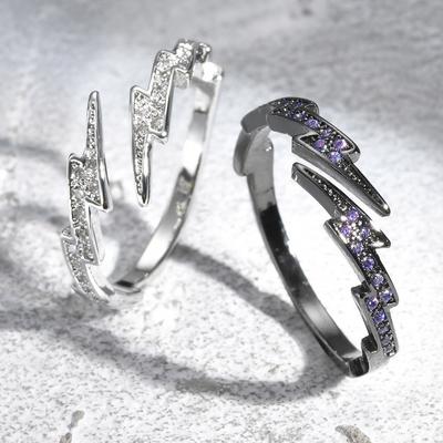 Vnox Zircon Lightning Open Rings for Men Women, Black Silver Color Crystal Finger Band, Adjustable Jewelry Gift