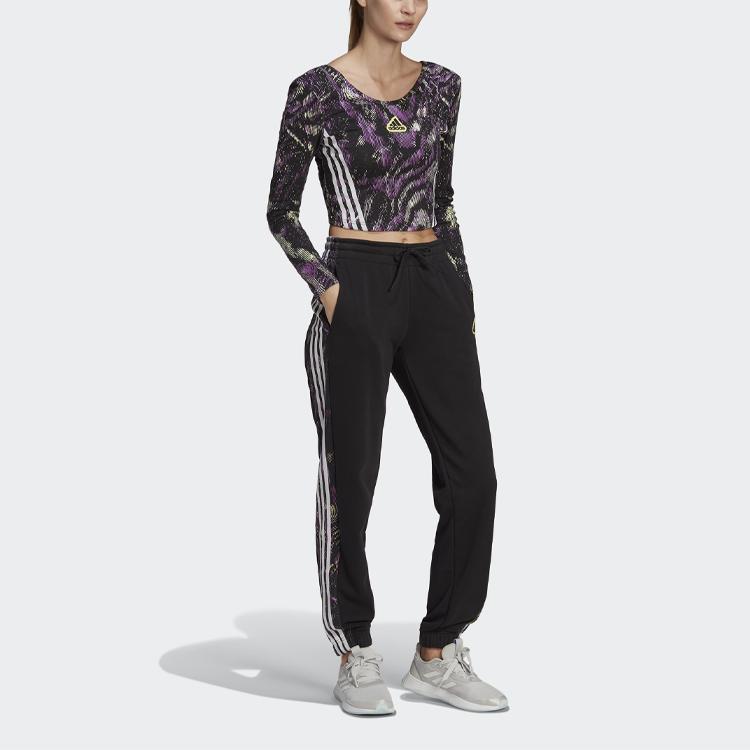 adidas High Waist Lace-Up Printed Striped Sports Trousers Women Bottoms Black HU0268