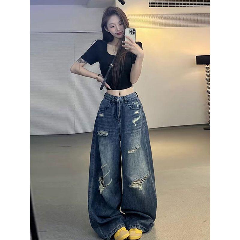 

American Korean Style Retro High Waist Loose Ripped Wide-Legged Denim Female Stylish Niche Style Mop Trousers Trendy Summer Dark blue pants recommend height 155-165cm XL
