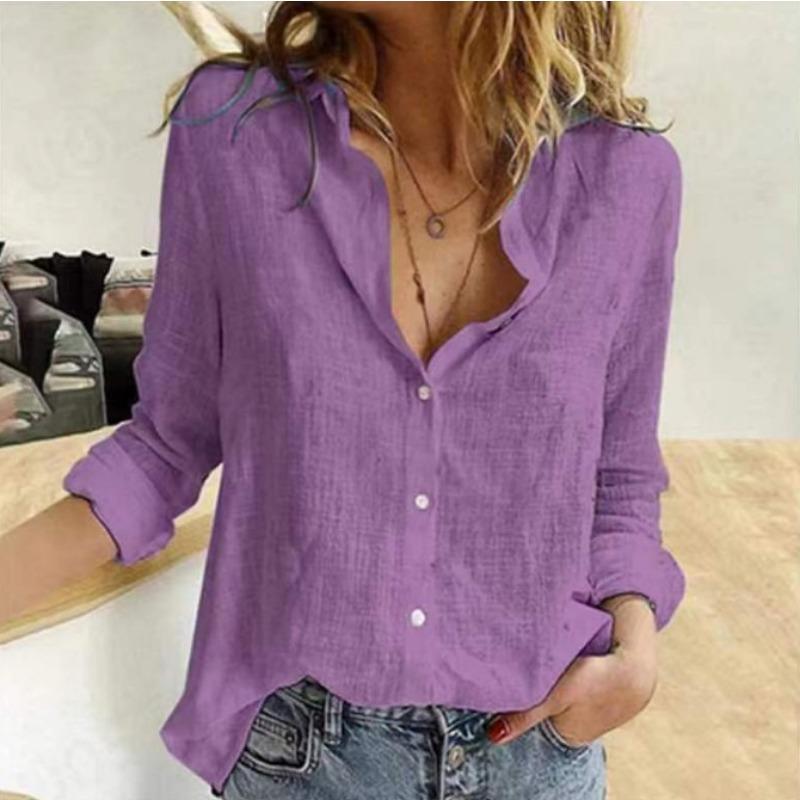 Damenmode, lässig, Frühling und Herbst, einfarbig, langärmelig, Polo-Ausschnitt, Blusen und Hemden