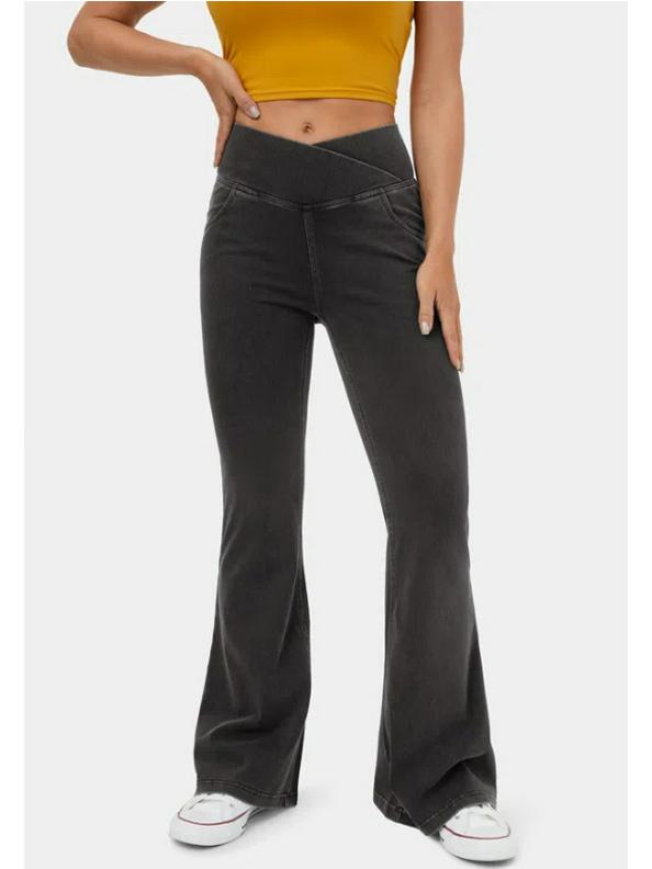 2024 Women's Plus Size Flare Yoga Pants - High Elastic Denim with Antibacterial Fabric