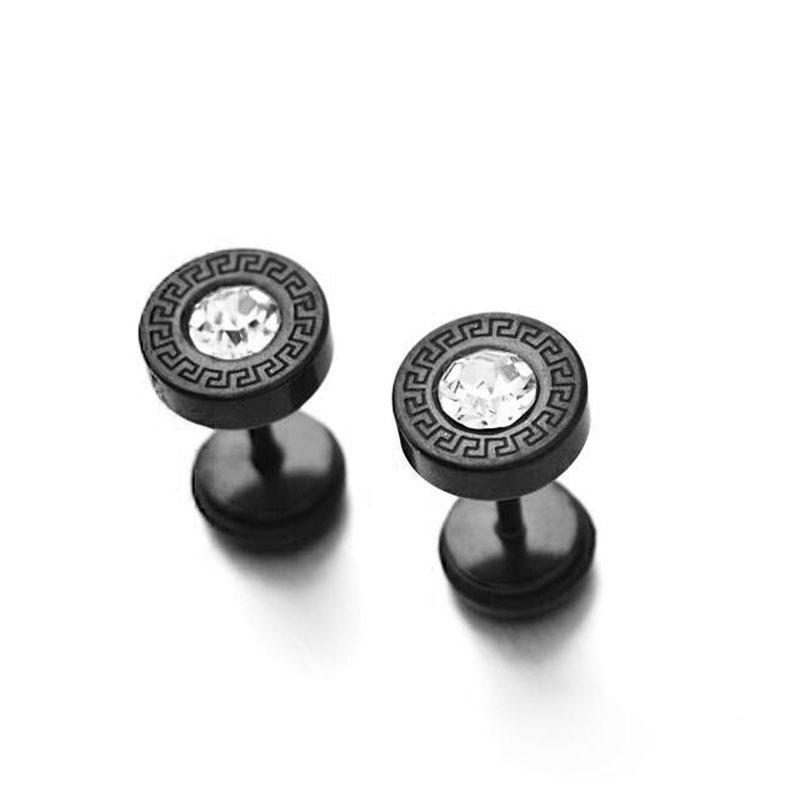 Retro Round Disc with Han Chang Pattern Set with Diamonds Titanium Steel Stud Earrings for Men, Stainless Steel, Threaded and Screw-on Design