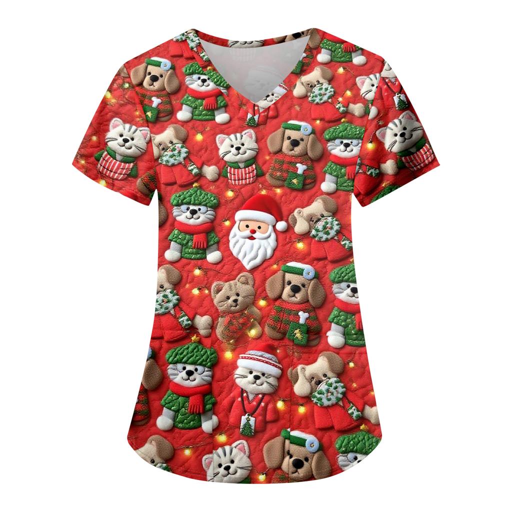 Damska Modna Codzienna Koszulka z Kieszenią i Świątecznym Nadrukiem