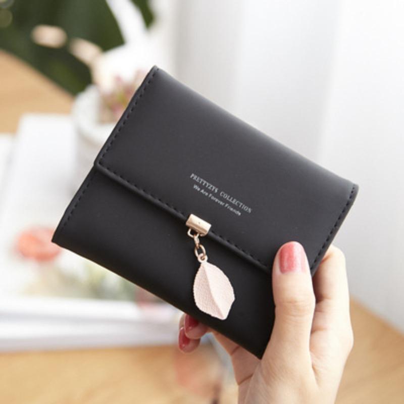 Women Wallets Leaf Pendant Fresh Style Multi-Card Short Wallet, Card Holder, Leather Clip, Coin Purse